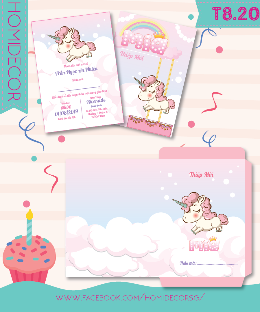 thiệp mời sinh nhật bé gái chủ đề unicorn