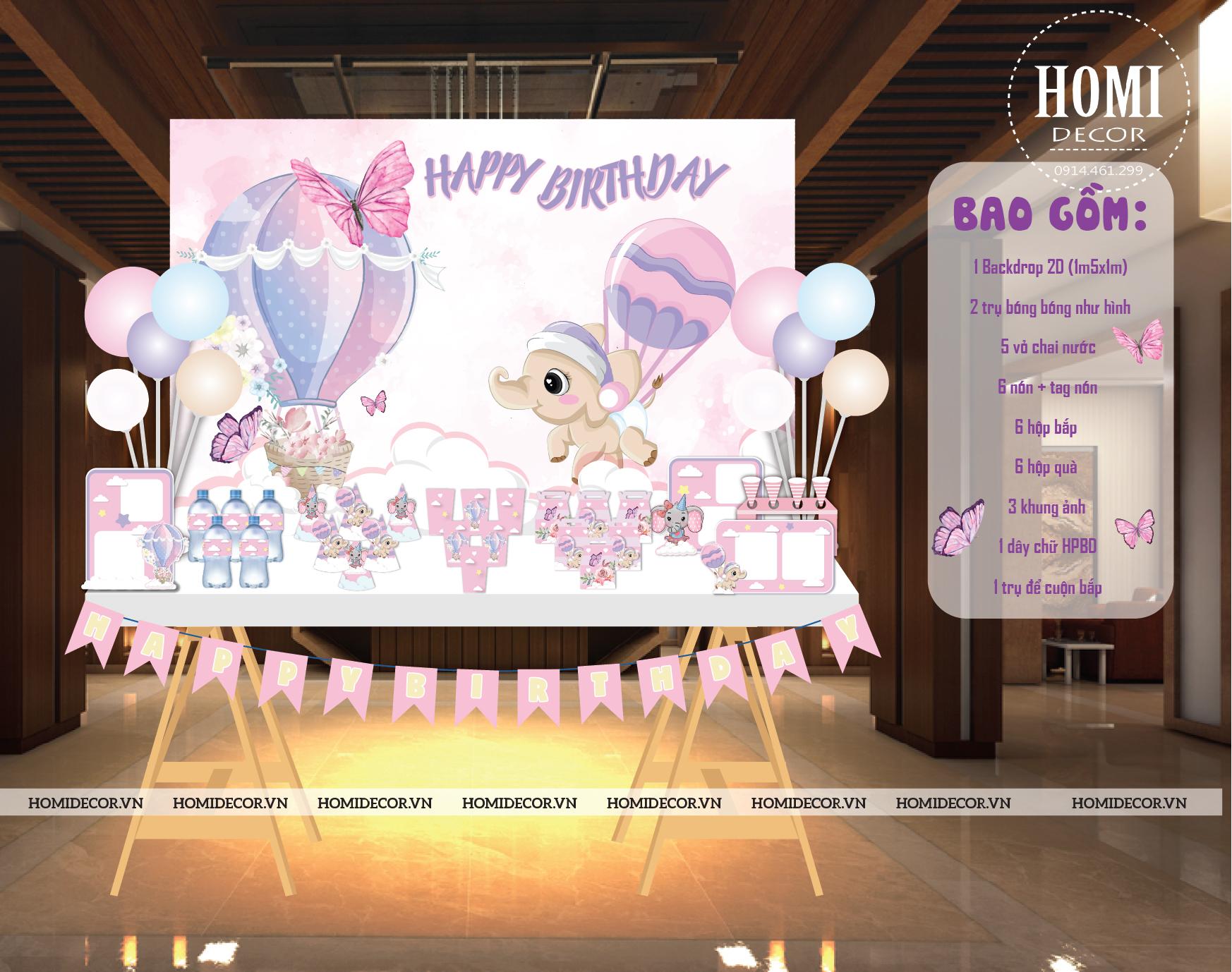 Combo trang trí sinh nhật chủ đề khinh khí cầu và voi dumbo